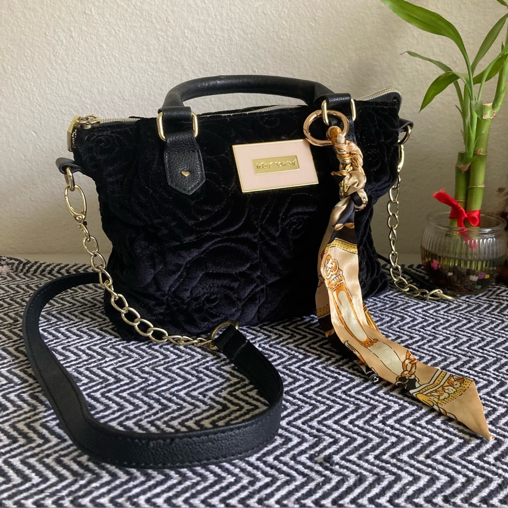 Betsey Johnson hand bag with shoulder strap black velvet